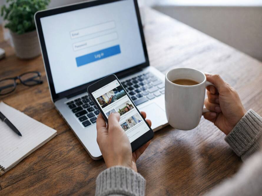 Ponsel di samping laptop dan secangkir kopi, ilustrasi aktivasi akun Coretax DJP