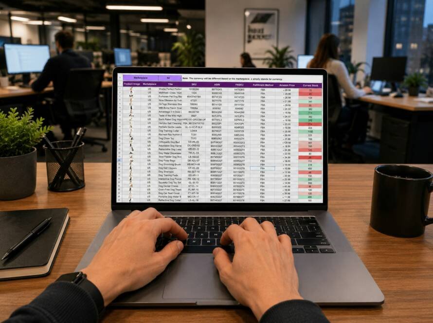 Tangan bekerja dengan spreadsheet di laptop, ilustrasi membuat faktur pajak di Coretax